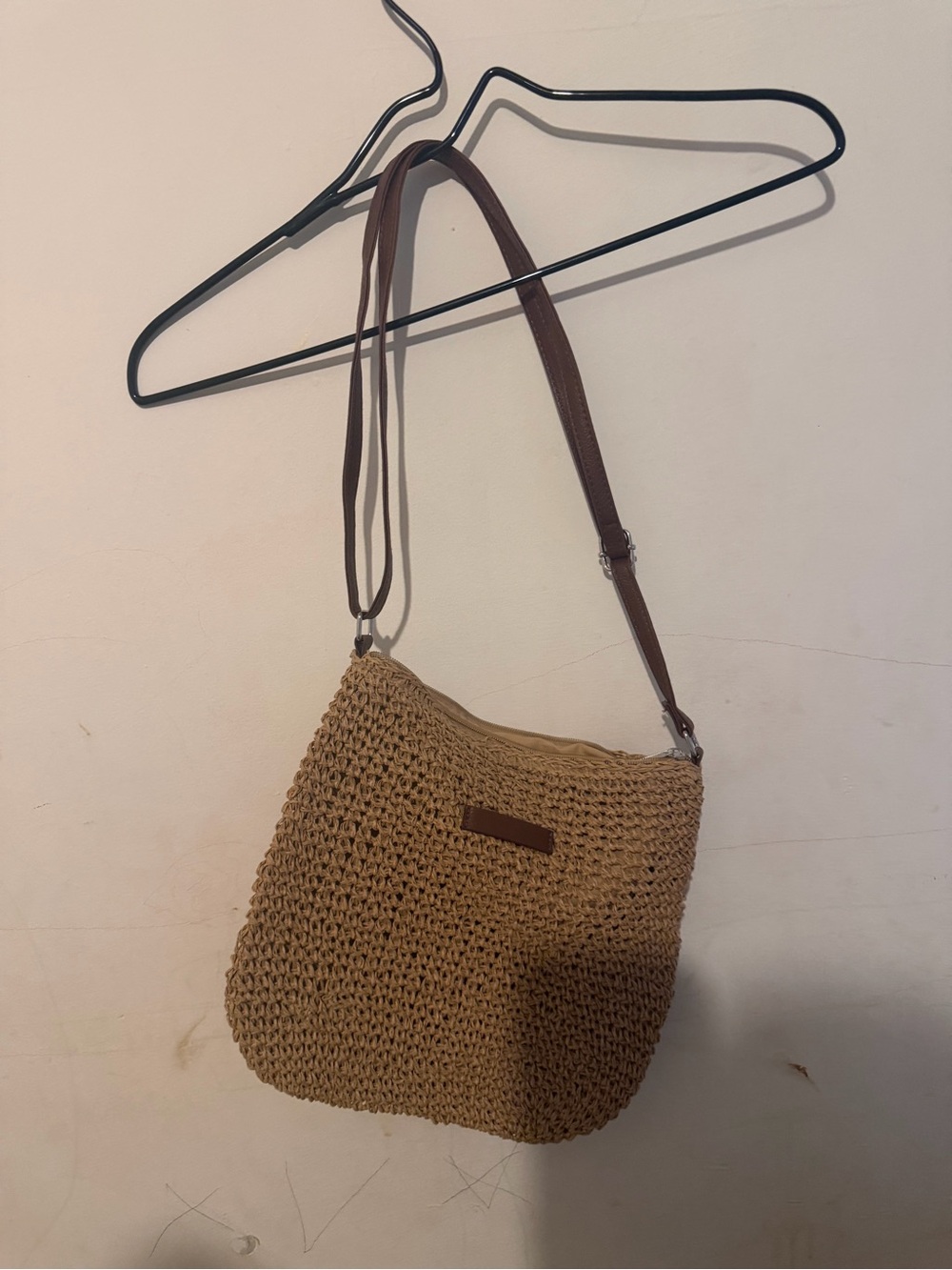 Woven Straw Crossbody Bag with Adjustable Brown Strap
